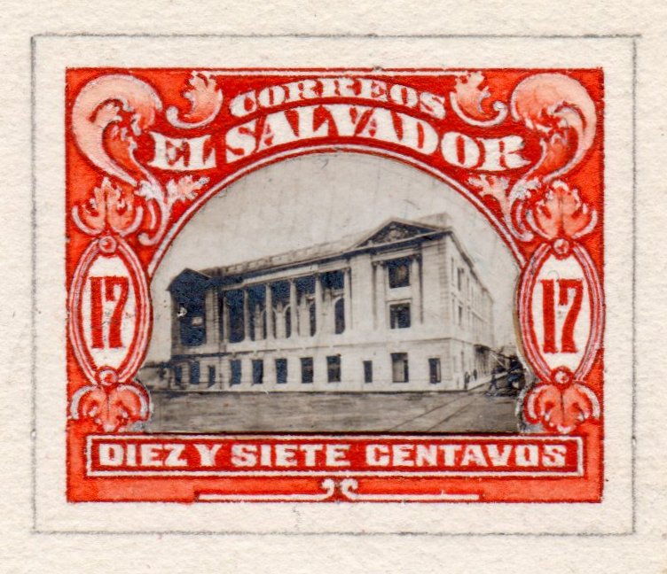 ABN 17c hand-painted essay issued stamp timbres-poste Briefmarken El Salvador Tram Trolley Tranvia National Theatre teatro nacional 